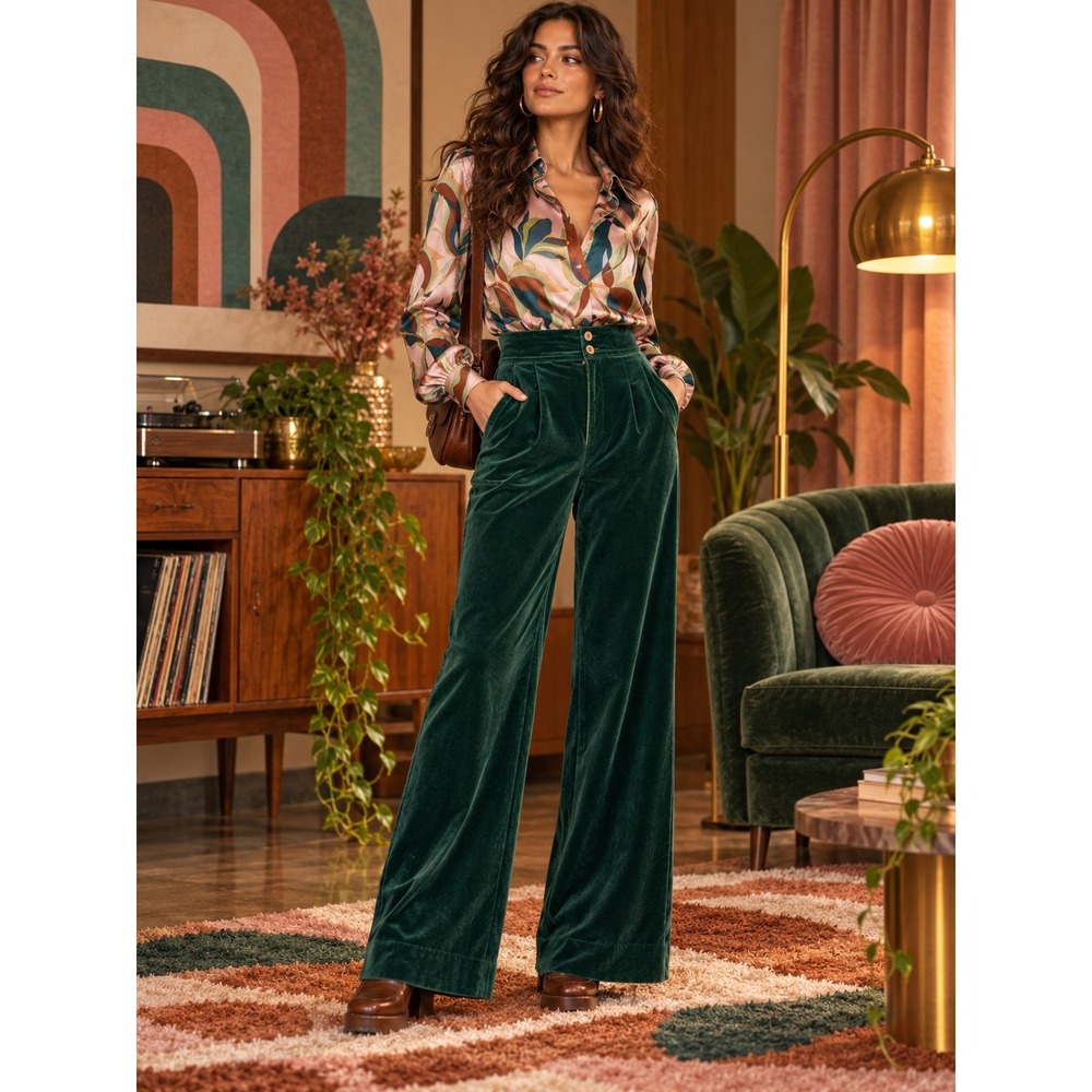 Vintage Liz Claiborne Green Velvet Pants High Waisted Wide Leg Pleated Cotton 10